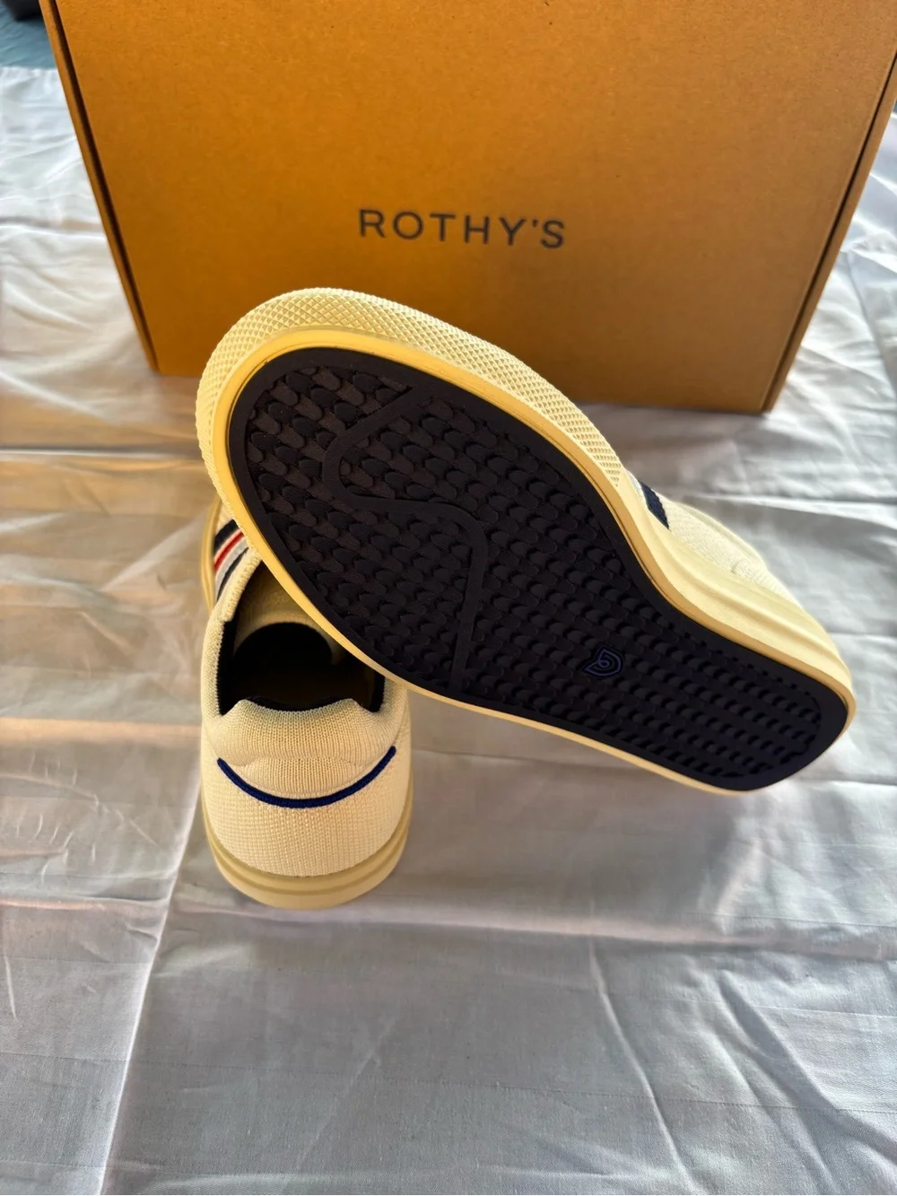 Rothy's Cream Knit Sneakers with Navy, Red & Light Blue Stripes